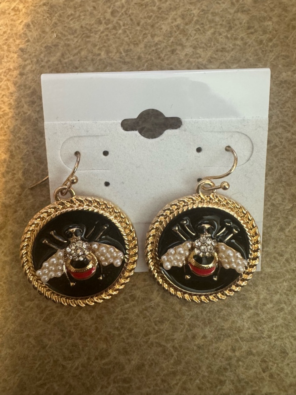 Gold-Tone Black Bee Drop Earrings with Crystal and Enamel Accents